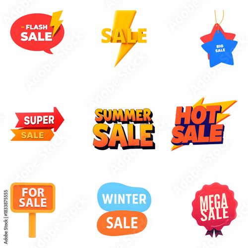 Set of shopping and SALE word elements, sale, super sale, big sale, winter sale, mega sale, flash sale, for sale. 3d, isolated on white background. 