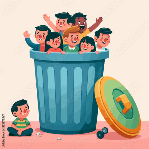 Funny cartoon illustration of a person in a trash can