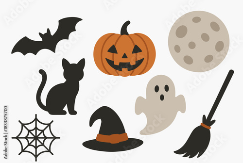 Vector Halloween collection showing pumpkin, ghost, cat, bat, moon, broom, spider web, and witch hat for spooky celebration designs.  

