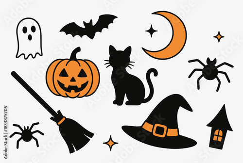 Collection of Halloween themed icons including pumpkin, ghost, cat, bat, moon, witch hat, broom, and spider for festive designs.  
