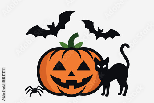 Vector Halloween illustration featuring a carved pumpkin, black cat, bats, and spider, perfect for spooky seasonal decorations and designs.  
