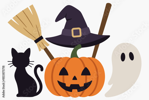 Halloween icons with pumpkin ghost cat broom and hat  
