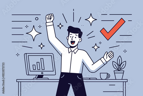 Happy businessman celebrating success at office desk  
