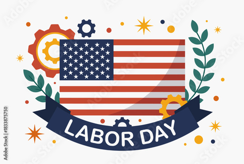 Labor Day USA flag design with gears and laurel  
