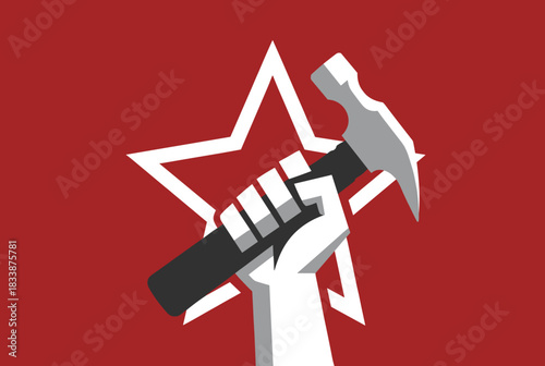 Hand holding hammer with star background illustration  
