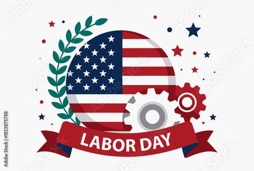 Creative Labor Day illustration featuring American flag, gears, stars, and laurel wreath symbolizing work, unity, and patriotism.  
