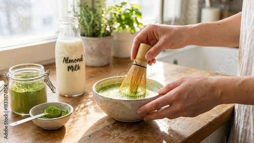 Wallpaper Mural Whisking Matcha Preparing Green Tea Latte with Almond Milk Torontodigital.ca