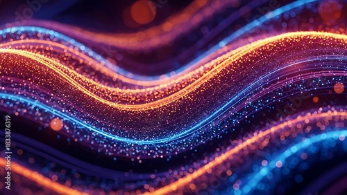 Artistic 3D particle wave flowing across a dark void in shifting bright gradient hues.