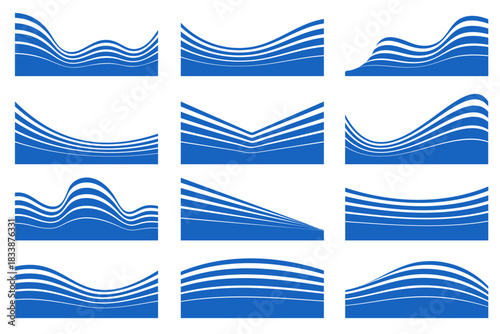 Modern wave shape divider with flowing curves for web design. Clean blue border element perfect for website headers, banners, and page sections on white background. Vector