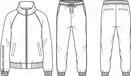 Technical Flat Fashion Vector Illustration of Men's Women's Casual Bomber Tracksuit with Raglan Sleeves and Jogger Pants CAD Template Design Mockup Garment Apparel.
