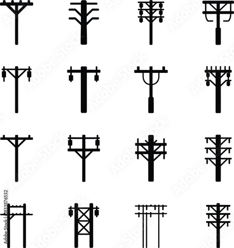Collection of black silhouette icons of various types of utility poles and power line structures Keywords: utility pole, power