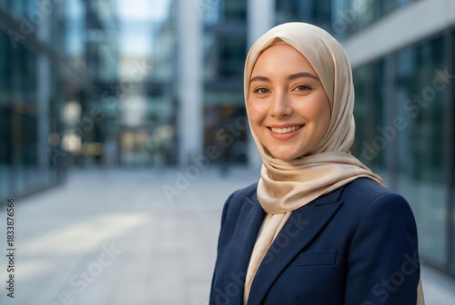 Young Muslim businesswoman smiling confidently outdoors