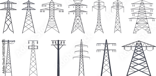 Assortment of electricity transmission towers in various styles and sizes pylon power