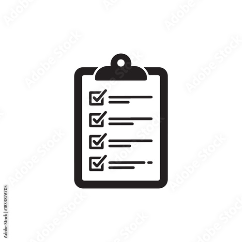 Monochrome vector icon of a task list on a clipboard with all items checked. Represents planning, organization, survey completion, and successful project management