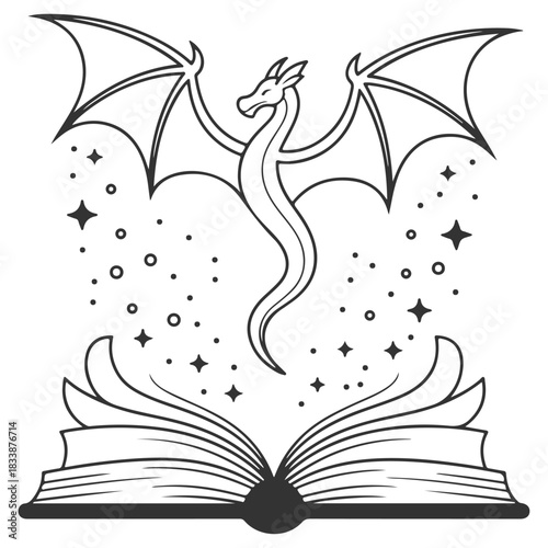an open book with a dragon flying out of it Silhouettes