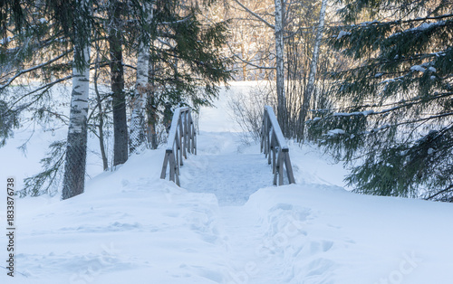 Winter forest scenery with sun shining trough trees. Wooden little bridge. Evening winter forest. High quality photo
