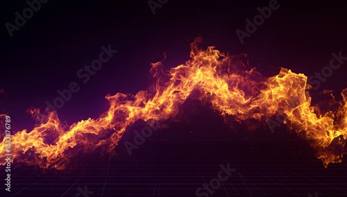 Dynamic fiery energy wave flowing across a dark atmospheric background with vibrant orange and yellow hues creating a sense of intense heat and power