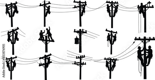 Collection of linemen silhouettes working on power lines and utility poles lineman electrician