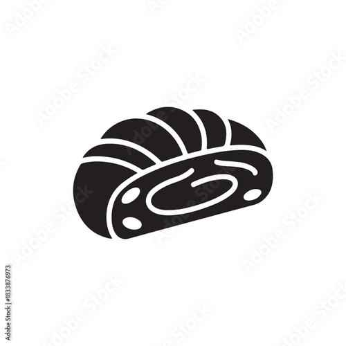 A simple black glyph icon of a sweet pastry roll with a swirl filling, an ideal symbol for bakery logos or culinary designs on a white background
