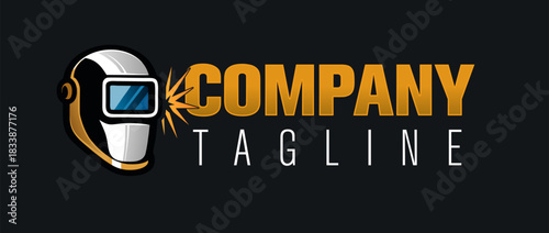 Modern Welding Helmet Logo Template with Metallic Gold Finish and Sparks