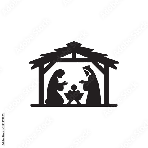 A simple black silhouette icon of the holy family in a nativity scene, depicting the birth of Jesus with Mary and Joseph in a humble stable