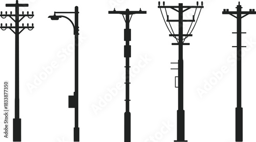 Group of Black Silhouettes of Electrical Utility Poles with Equipment Keywords: electricity, power, pole, utility, transmission