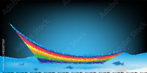 Vector illustration of a storm at sea. Cartoon scene of a beautiful landscape with a boat with a white and orange sail among big sea waves, rocks on the horizon.