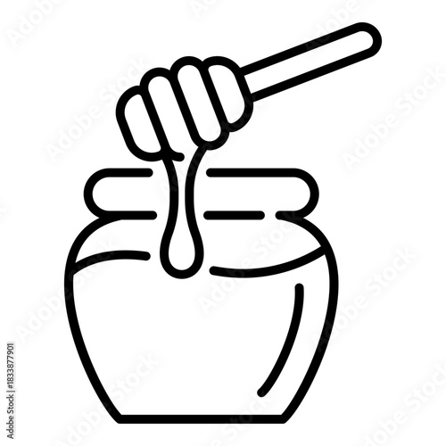 Honey jar icon with honey dipper, symbolizing natural sweetener, organic food, beekeeping, breakfast, and wellness. Ideal for food packaging, recipe apps, cafes, farm branding, and natural product des