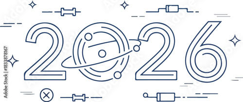 A futuristic illustration of the year 2026 with a planet and ring system incorporated into the design, surrounded by abstract lines and shapes on a white background, conveying a sense of