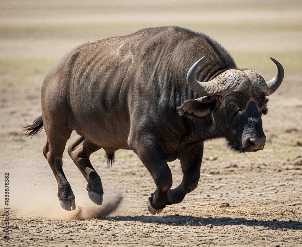 Obraz premium Buffalo running dynamically, dust effect minimal, isolated background