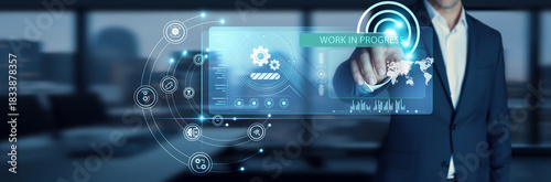 Project manager touching start button on modern interface to business target Work In Progress. Monitoring tasks. Progress tracking, updates, deadlines, quality checks, project visibility.