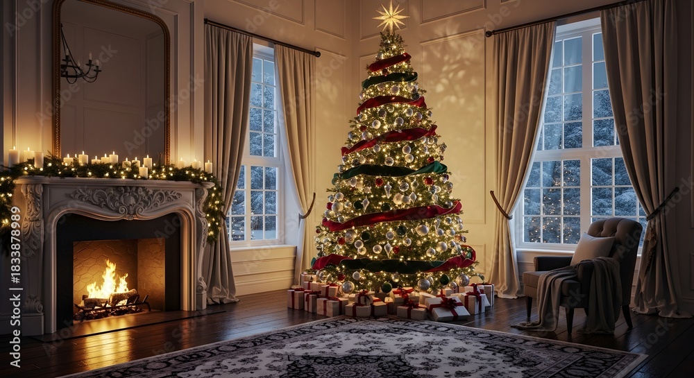 Fototapeta premium Christmas tree in a living room with fireplace and presents creating a cozy holiday atmosphere