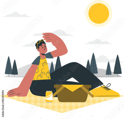Man enjoying a picnic with a basket and drink on a checkered blanket vector illustration