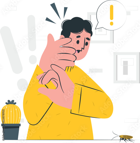 Man Flinching from a Cockroach with Exclamation Mark fear insect