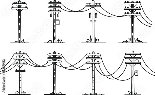 Telephone Poles with Wires and Grass Line Art Illustrations vector illustration