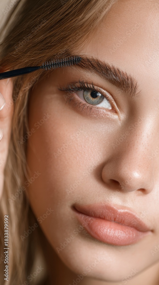 Fototapeta premium Portrait of young woman grooming eyebrows with brush on neutral background perfect for beauty, skincare and cosmetic product advertising visuals 