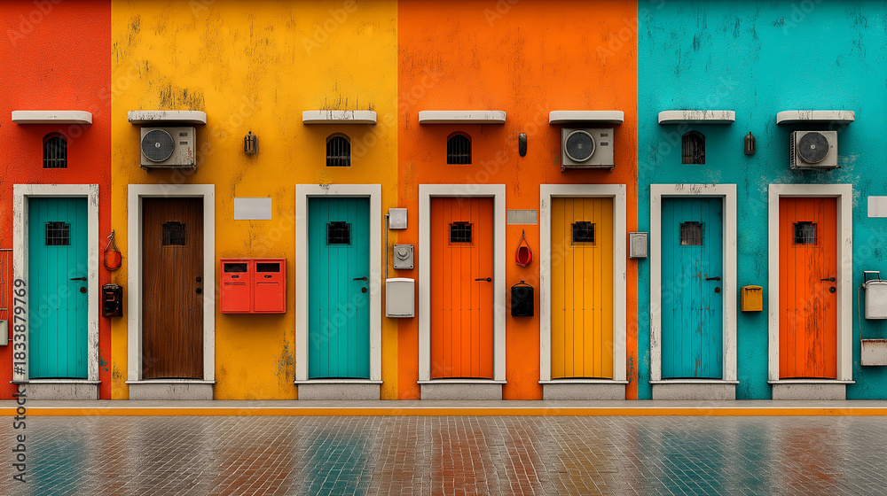 Naklejka premium Flat lay colorful doors arranged in grid pattern architecture design choice opportunity concept generated ai