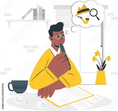 Man thinking about detective work with pipe and magnifying glass imagination creativity