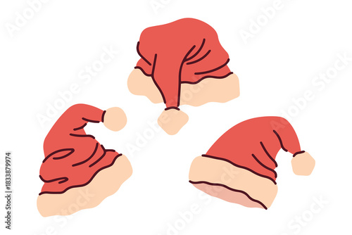 A set of three wrinkled red Christmas hats in various positions. Festive Santa headwear illustrations for holiday patterns and decor.