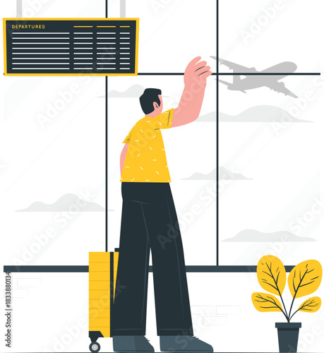 Man with suitcase at airport looking at departures board and plane vector illustration