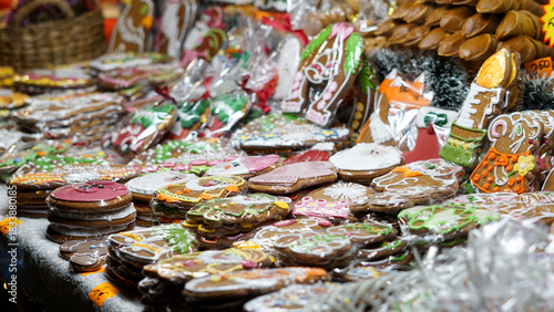 A bustling Christmas holiday market stall. Colorful array of cookies, gingerbread, and pastries wrapped as gifts. Festive decorations, and fragrant spices create a cozy family-friendly scene.