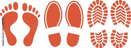 Footprint and Shoeprint Icons, Vector Silhouettes of Bare Feet, Smooth Soles, and Treaded Boots, Set of Human Foot Tracks, silhouette, vector, illustration.