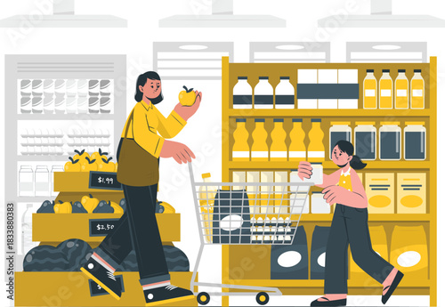 Mother and daughter shopping for groceries in a supermarket Keywords: shopping, groceries