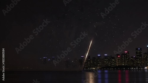 Spectacular fireworks illuminate the night sky above a distant city skyline reflecting on calm water.