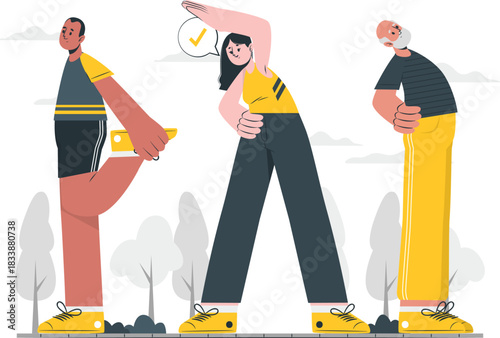 People exercising with a checkmark in a speech bubble exercise fitness