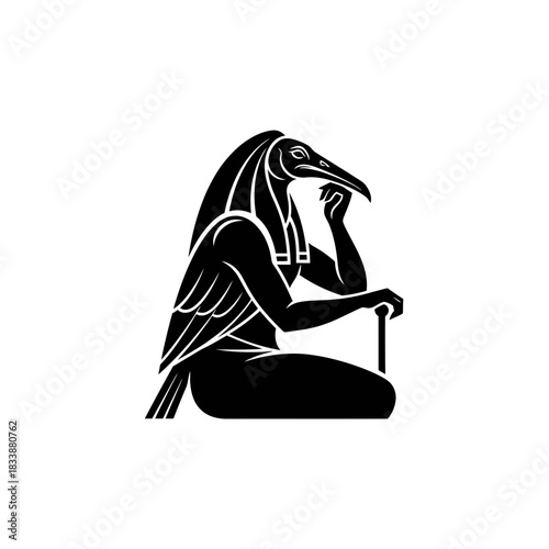 Sitted Half Crow Human Hybrid Drawing With Long Beard Holding Cane Silhouette Art Illustration.jpg