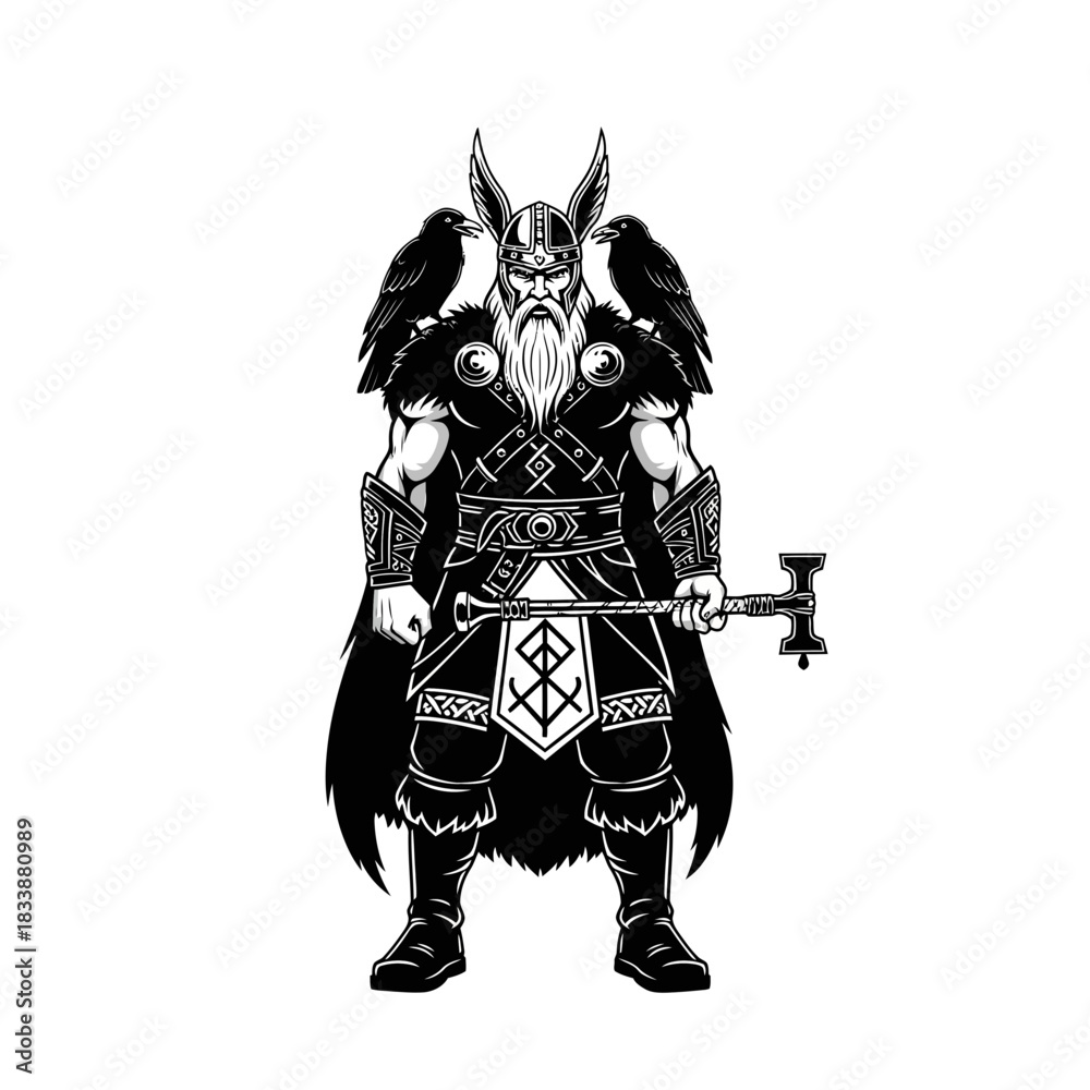 Fototapeta premium Viking Warrior With Ravens and Mjolnir.jpg