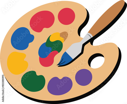 Art Palette and Brush Vector Illustration for Acrylic Painting Mixing Color Design Concept on Transparent Background Creative Craft