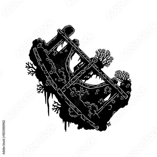Victorian Inspired Ornate Ladder Black and White Illustration With Floral Motifs and Shutters.jpg