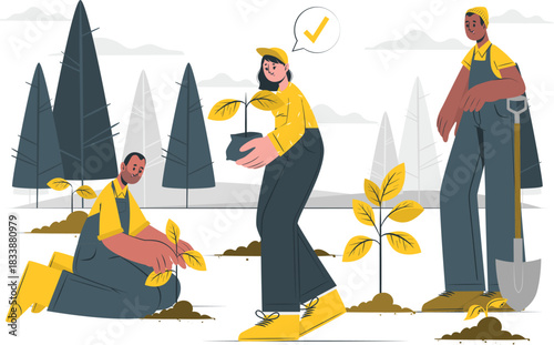 People planting trees in a forest gardening